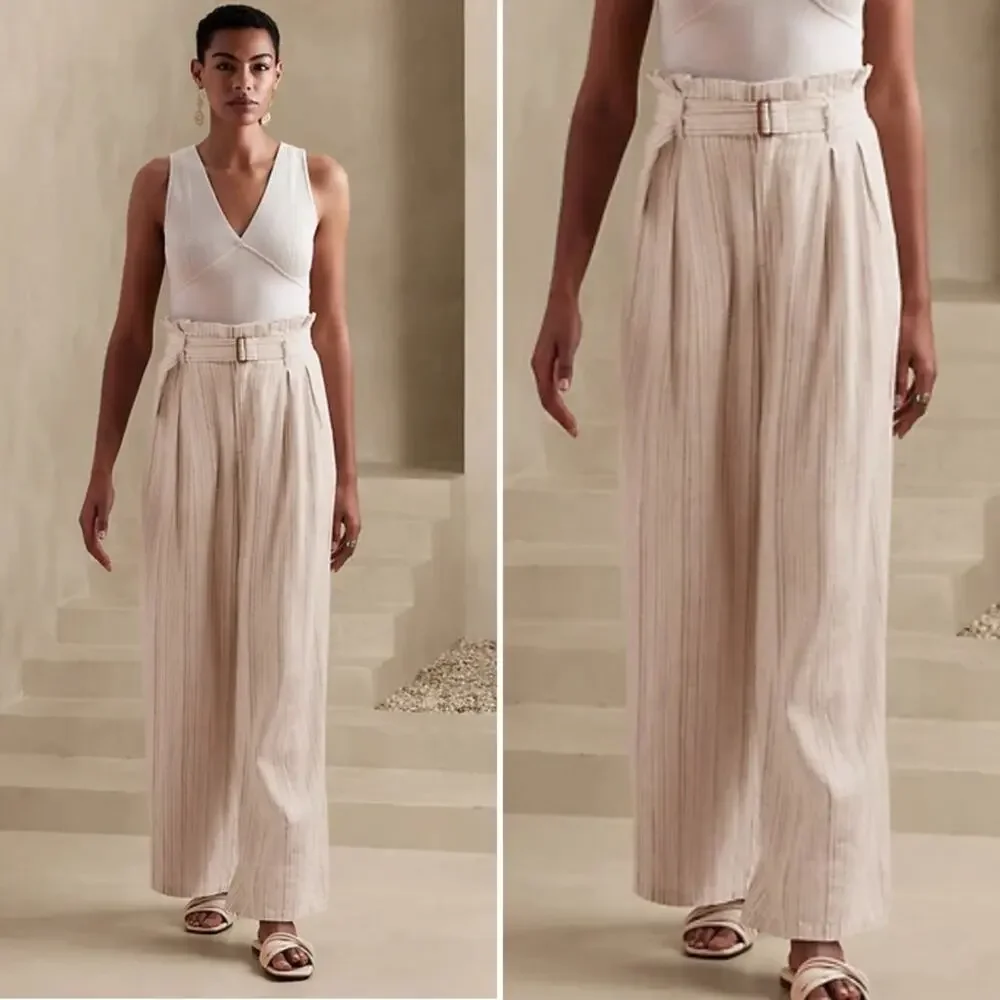 BANANA REPUBLIC Wide Leg Linen Blend Paperbag Pants Cream Stripe High Rise 8 NEW